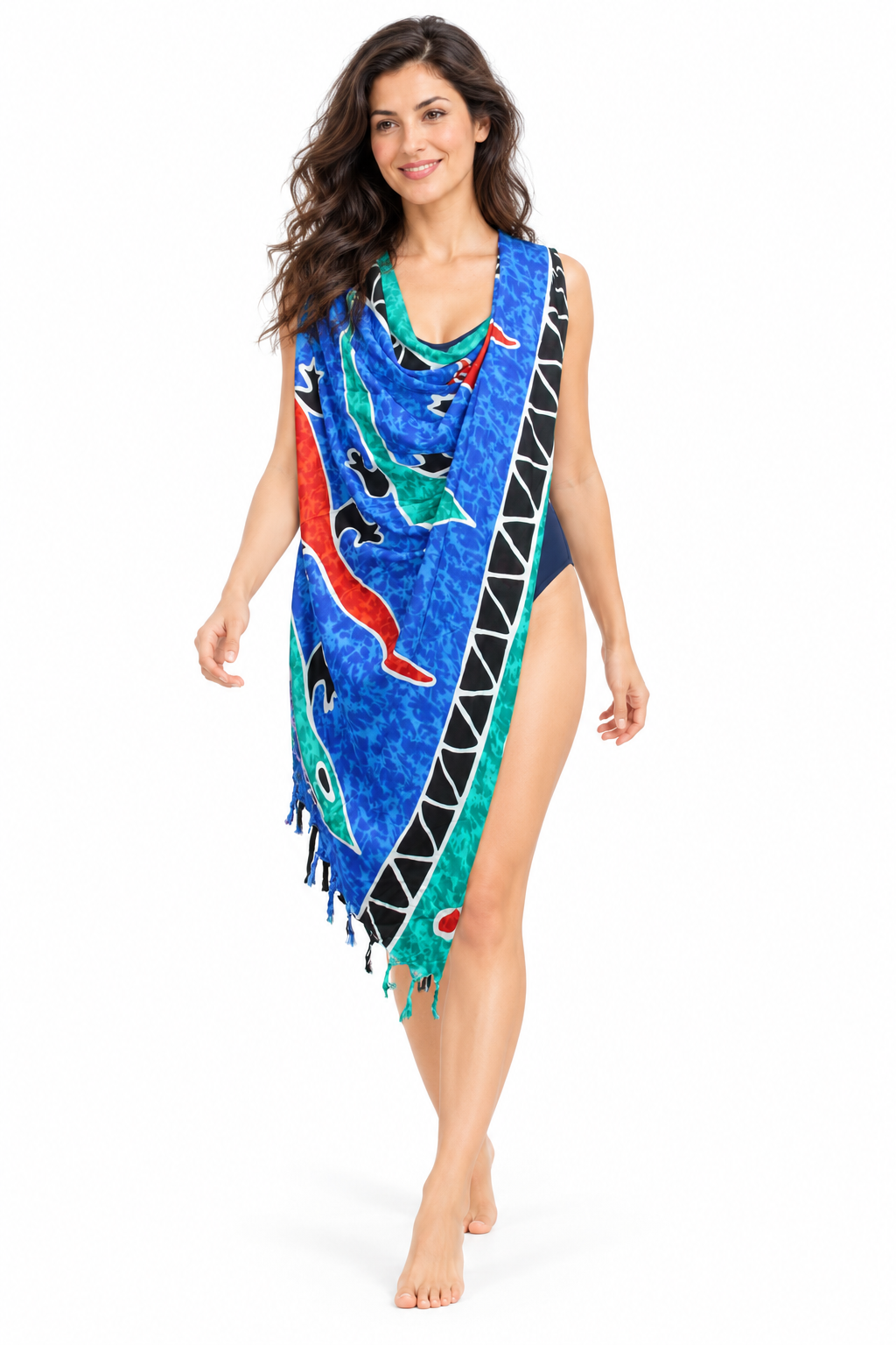 Blue Multicolour Lizards Sarong — shoulder wrap model view