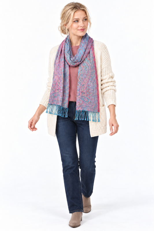 Blue Rose Paisley Scarf / Shawl — winter styling model view