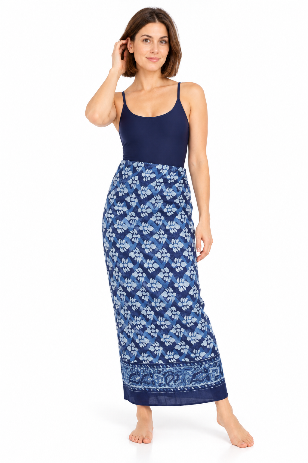 Blue White Floral Sarong — waist wrap model view