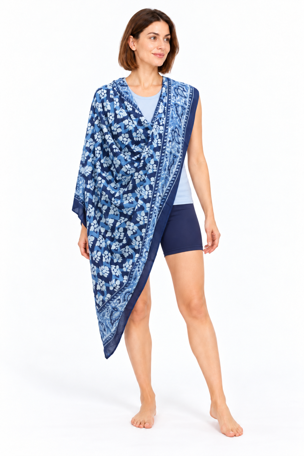 Blue White Floral Sarong — shoulder wrap model view