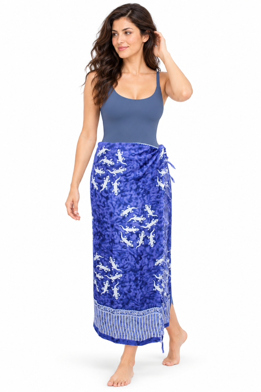 Blue White Lizard Circles Sarong — waist wrap model view