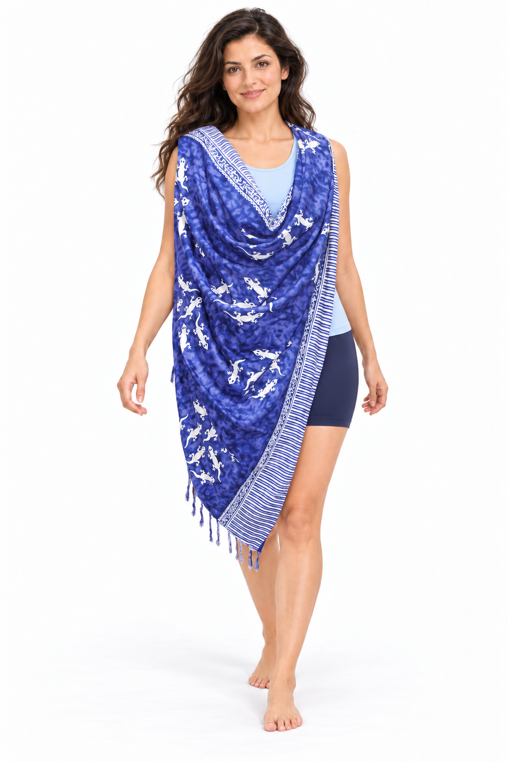 Blue White Lizard Circles Sarong — shoulder wrap model view
