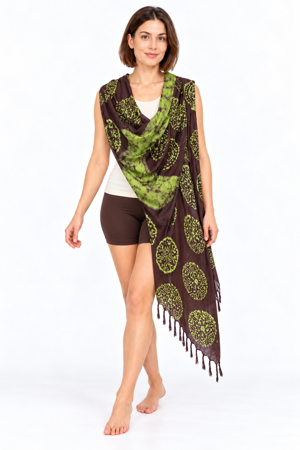 Brown Lime Circular Motifs Sarong — shoulder wrap model view