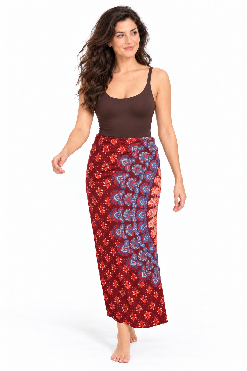 Burgundy Blue Mandala Sarong — model sarong swimwear front