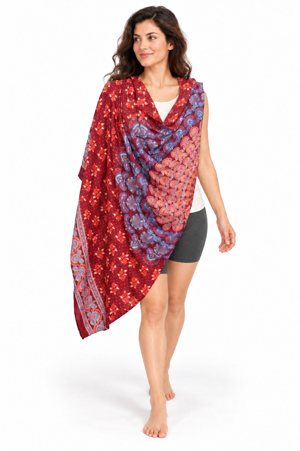 Burgundy Blue Mandala Sarong — model shoulder wrap fitted short leggings