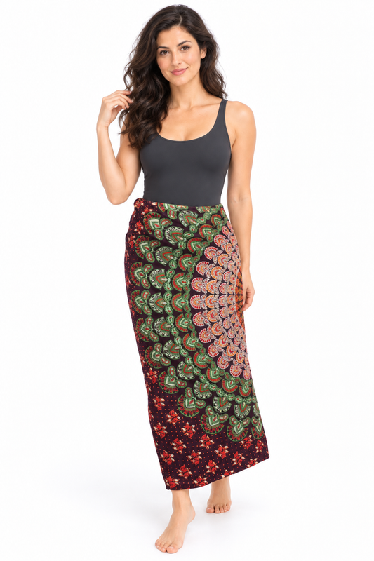 Burgundy Green Mandala Sarong — waist wrap model view