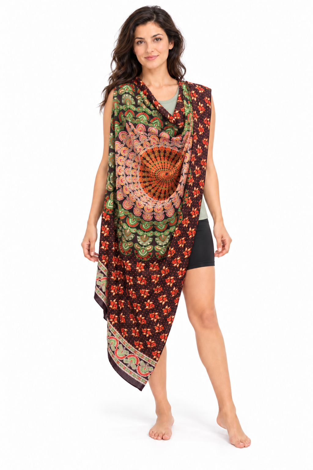 Burgundy Green Mandala Sarong — shoulder wrap model view
