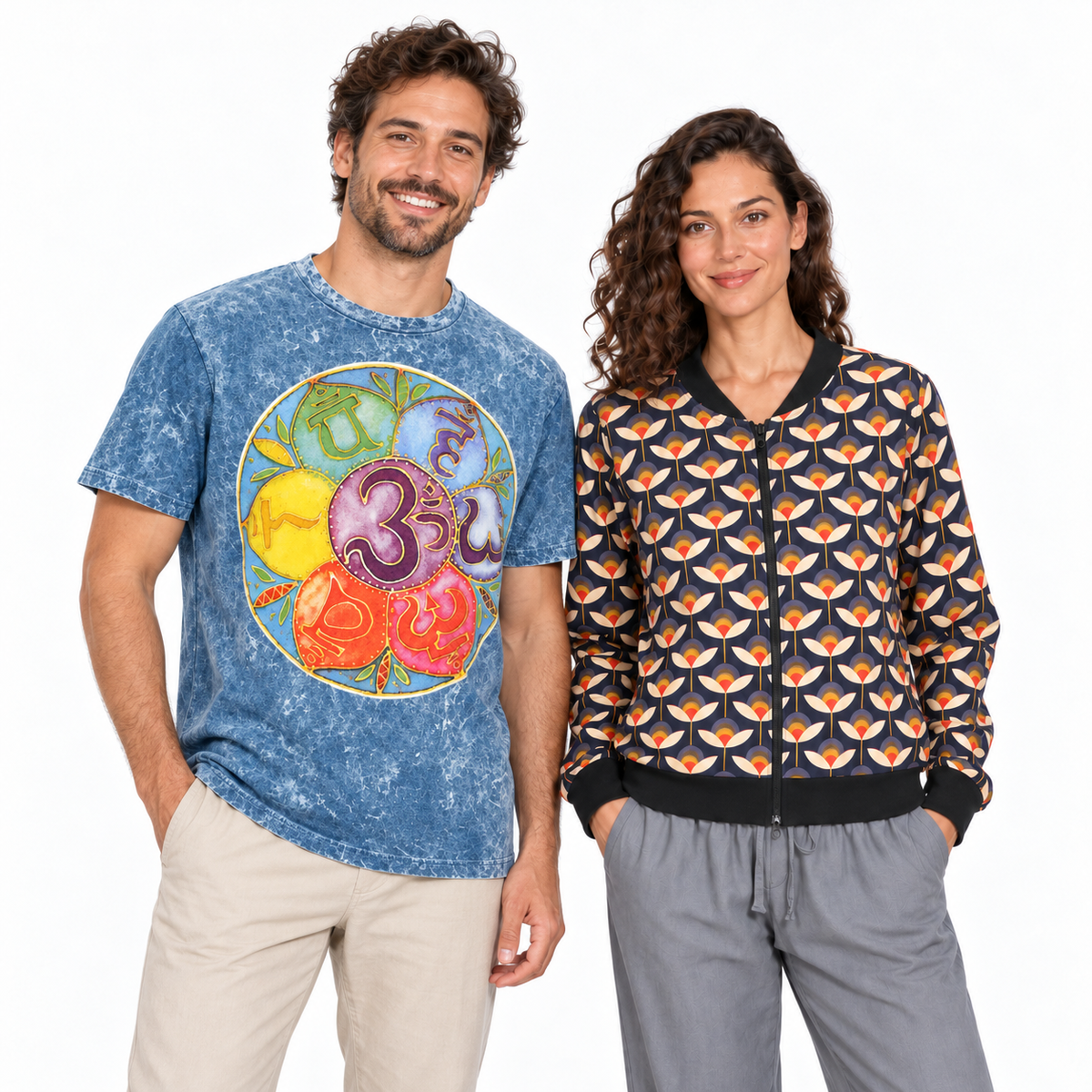 Man in a blue chakra tee and woman in a black patterned winter jacket