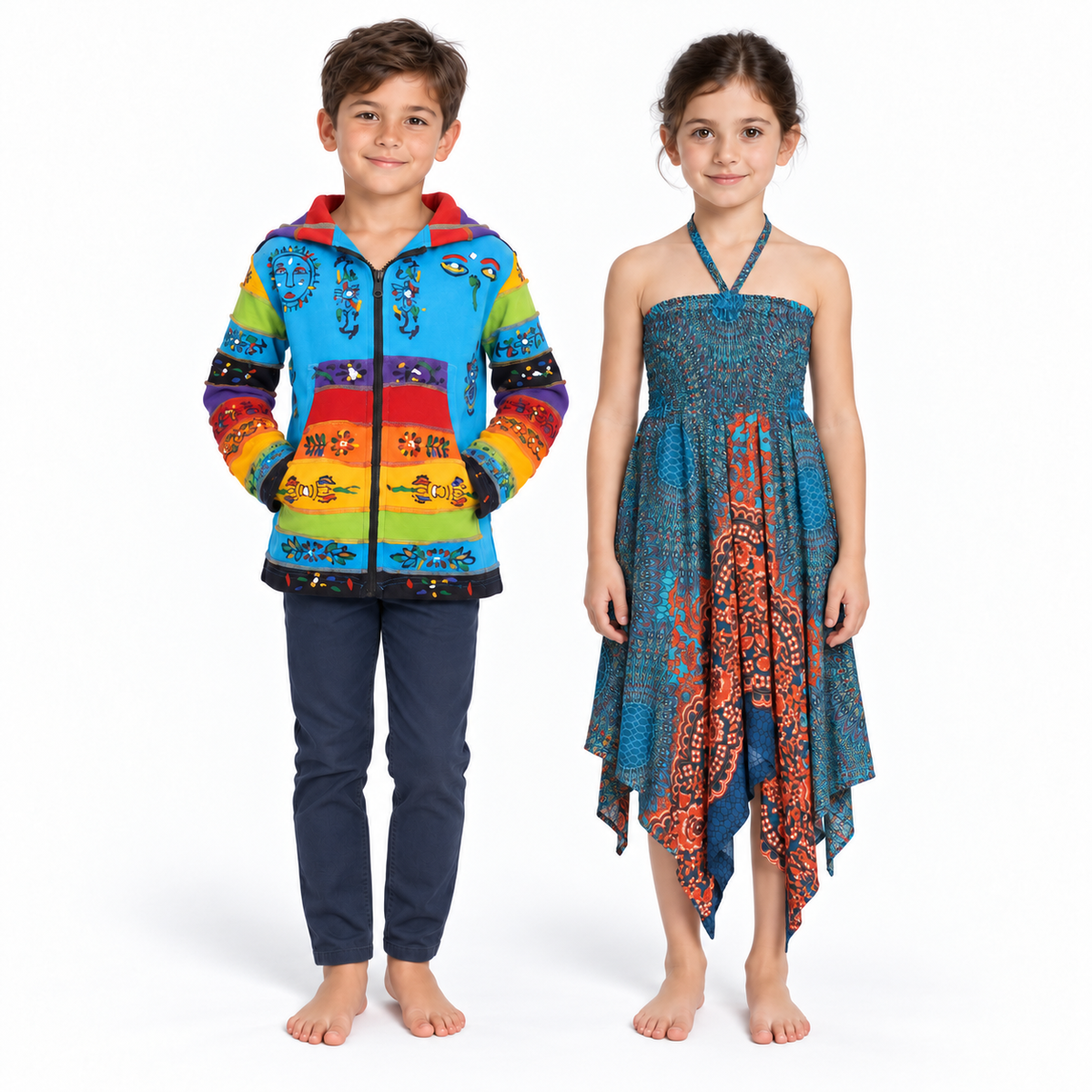 Boy in a blue patchwork hoodie and girl in a teal and orange dress with bare legs