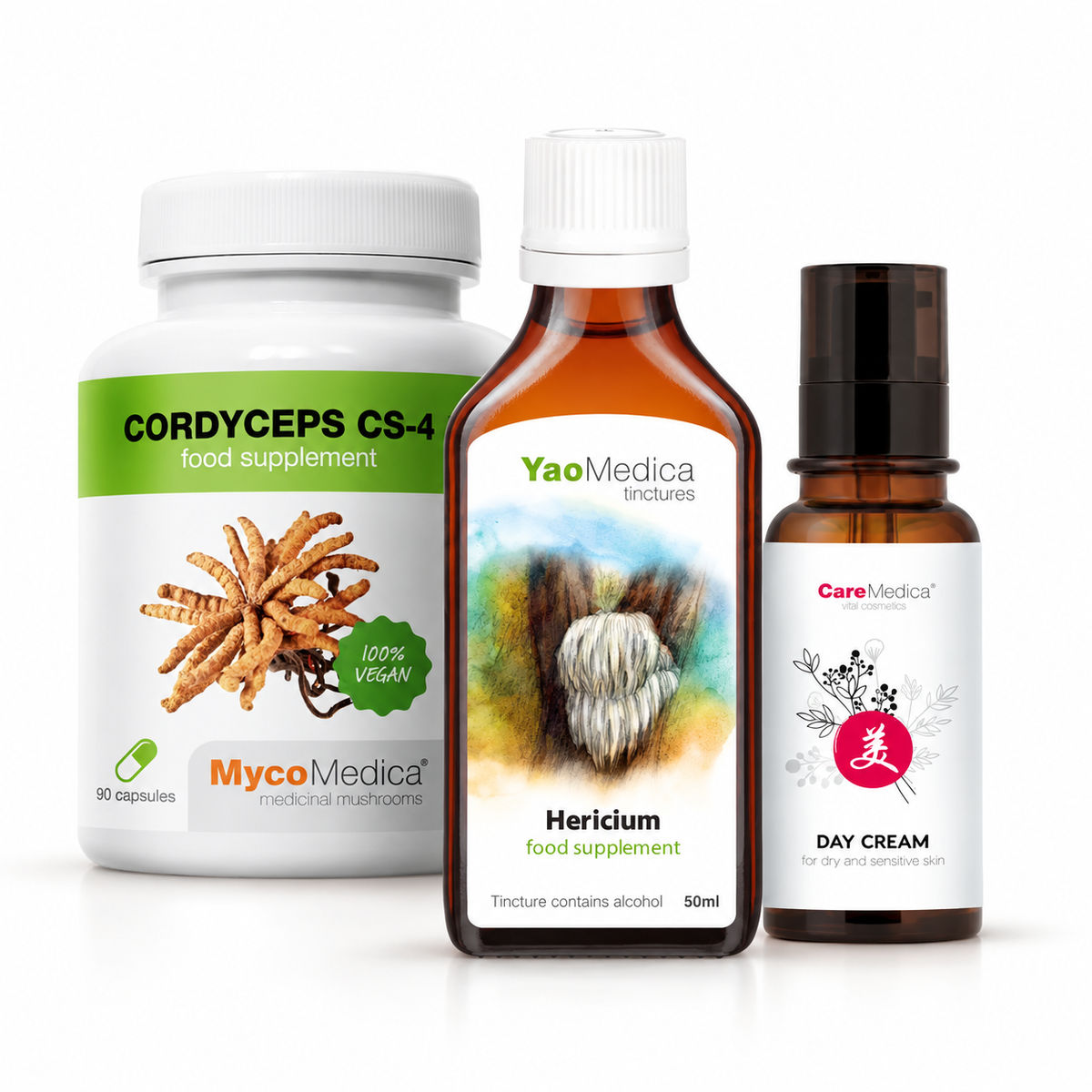 Cordyceps capsules, Hericium tincture and day cream