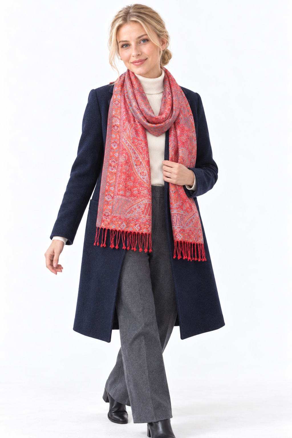 Coral Paisley Scarf / Shawl — winter styling model view