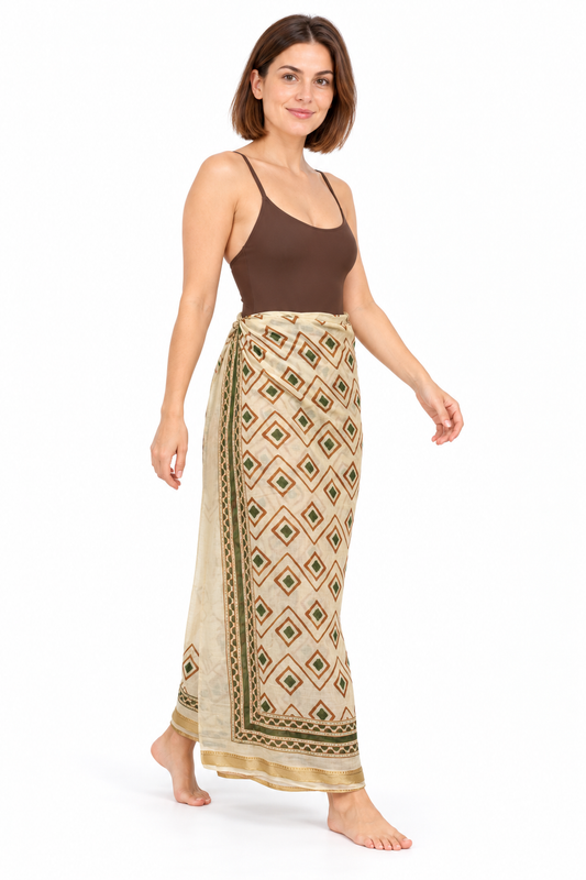 Cream Black Geometric Sarong — waist wrap model view