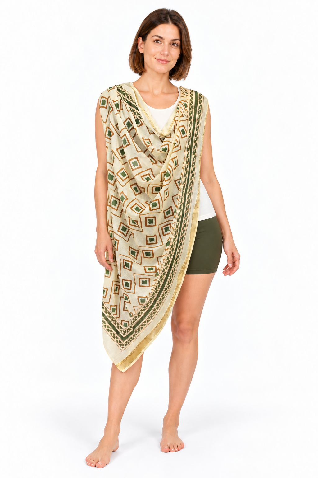 Cream Black Geometric Sarong — shoulder wrap model view