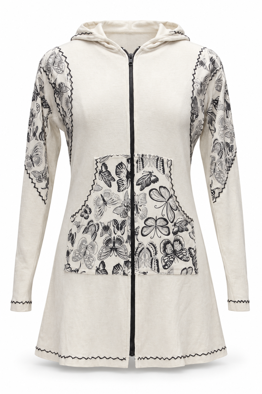 Cream hooded jacket grey floral print, ghost mannequin front