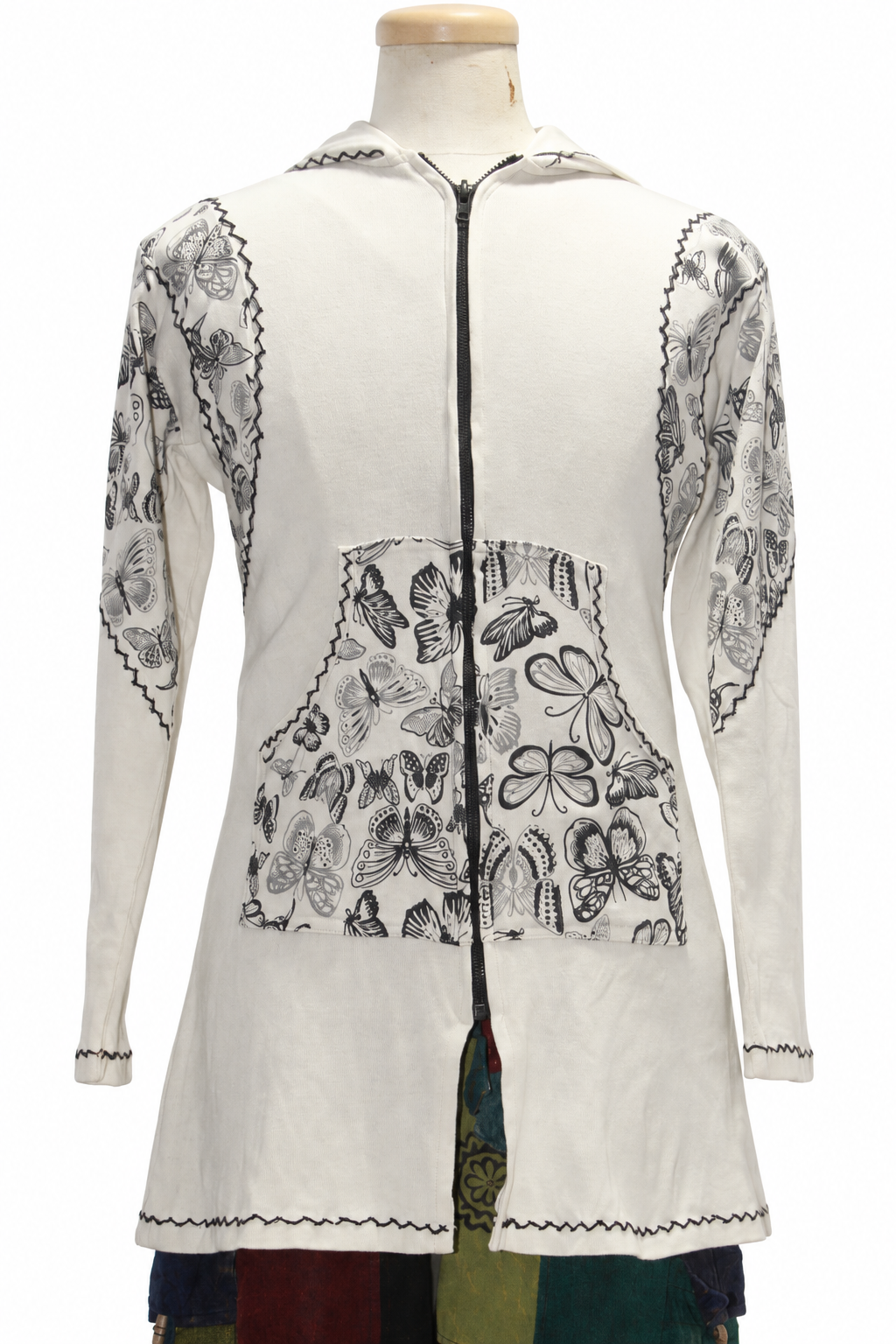 Cream hooded jacket grey floral print, original mannequin on white