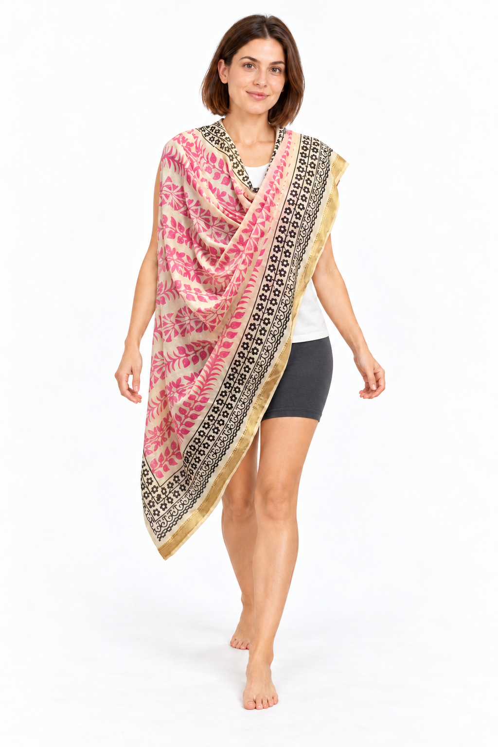 Cream Pink Stripes Sarong — shoulder wrap model view