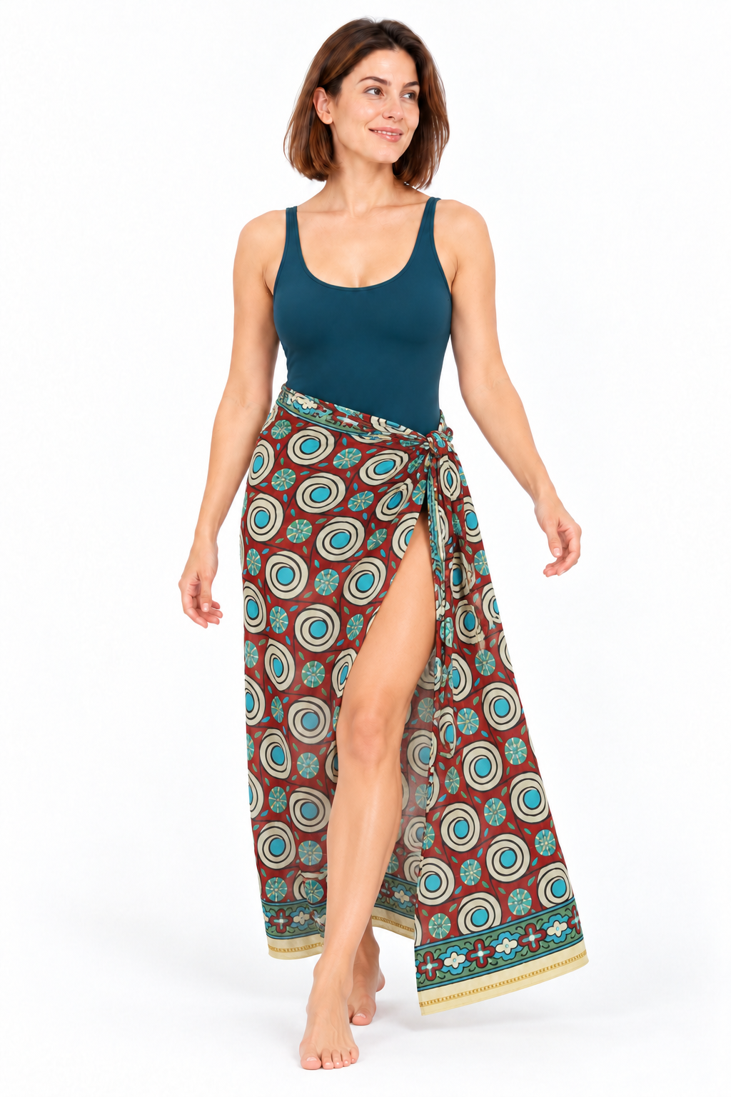 Cream Turquoise Red Circles Sarong — waist wrap model view