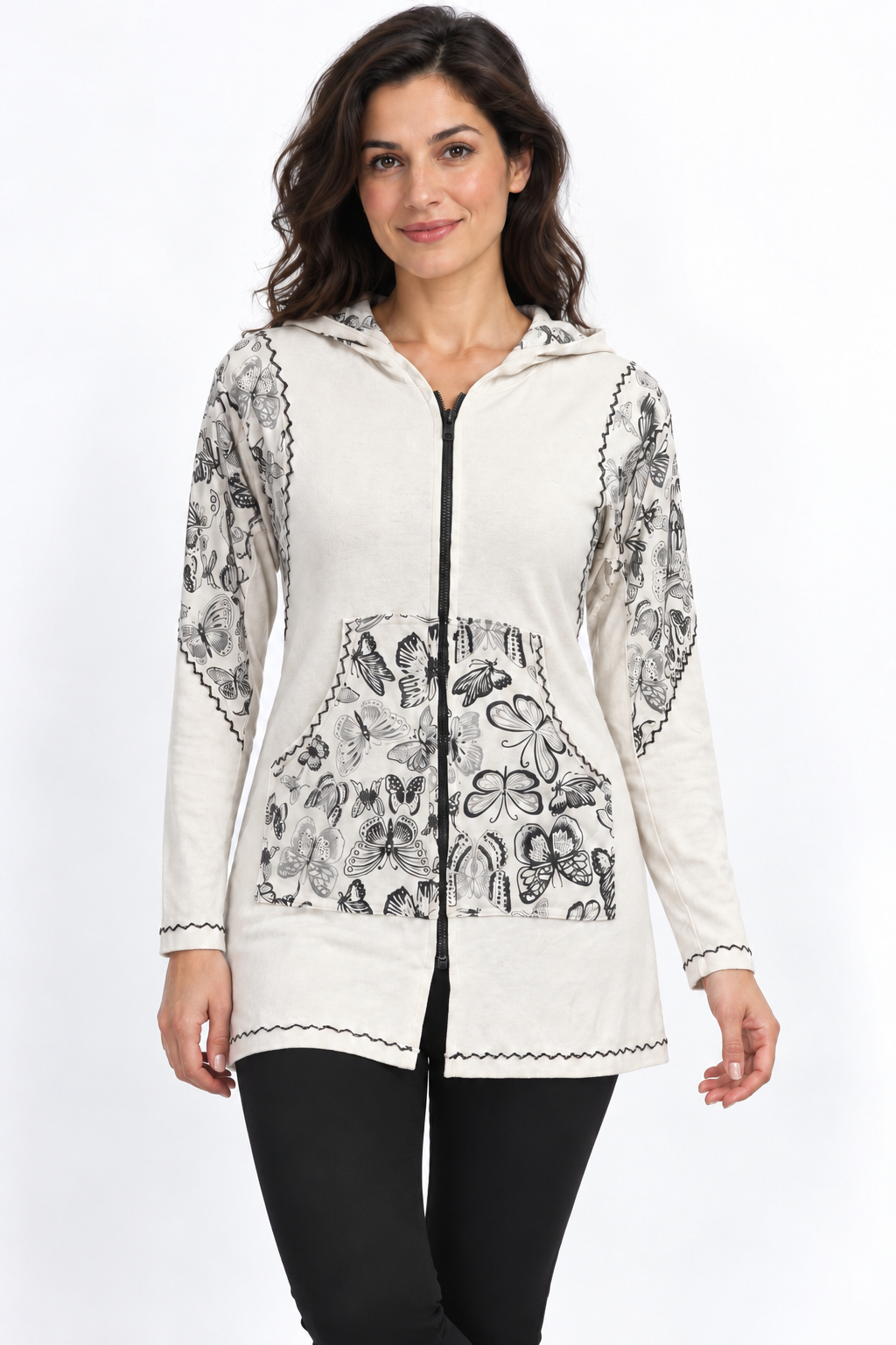 Cream Hooded Jacket - Grey Floral Print, model front with fitted black trousers