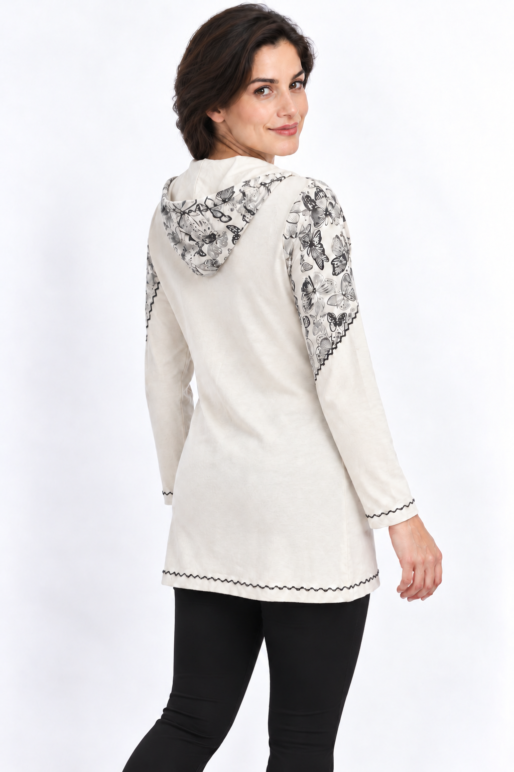 Cream Hooded Jacket - Grey Floral Print, model three-quarter back with fitted black trousers