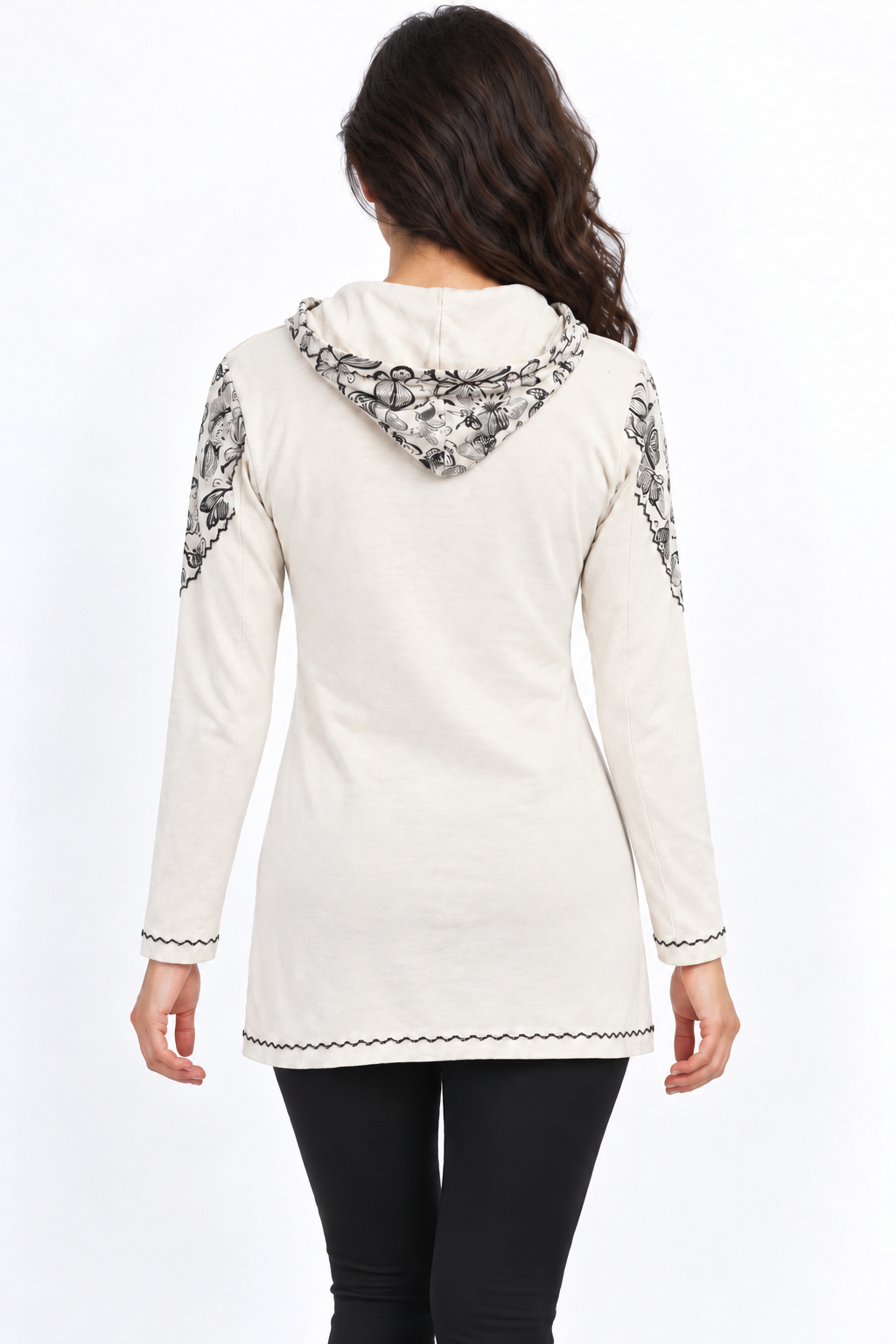 Cream Hooded Jacket - Grey Floral Print, model back with fitted black trousers