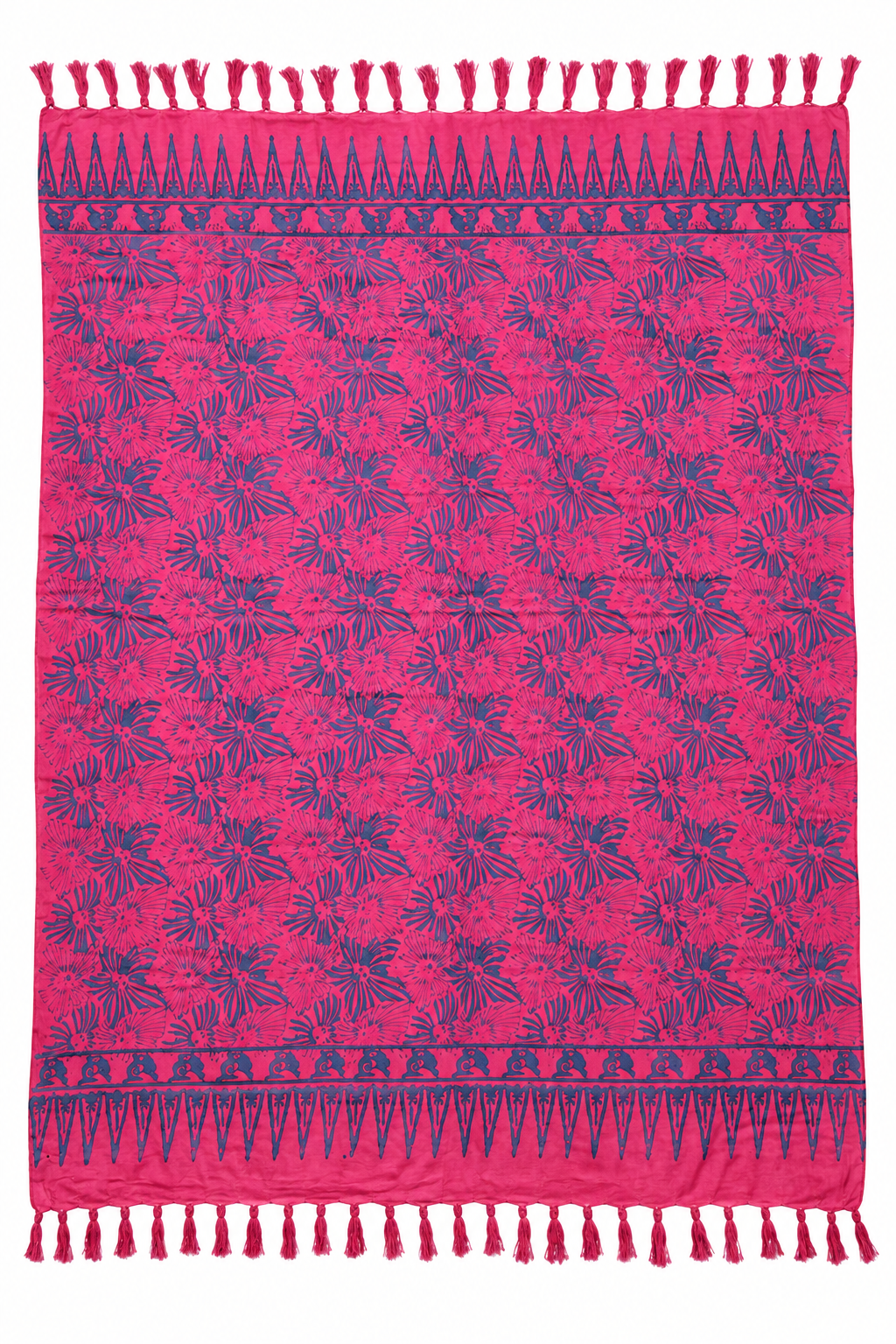 Fuchsia Navy Batik Sarong — full opened product with fringed ends