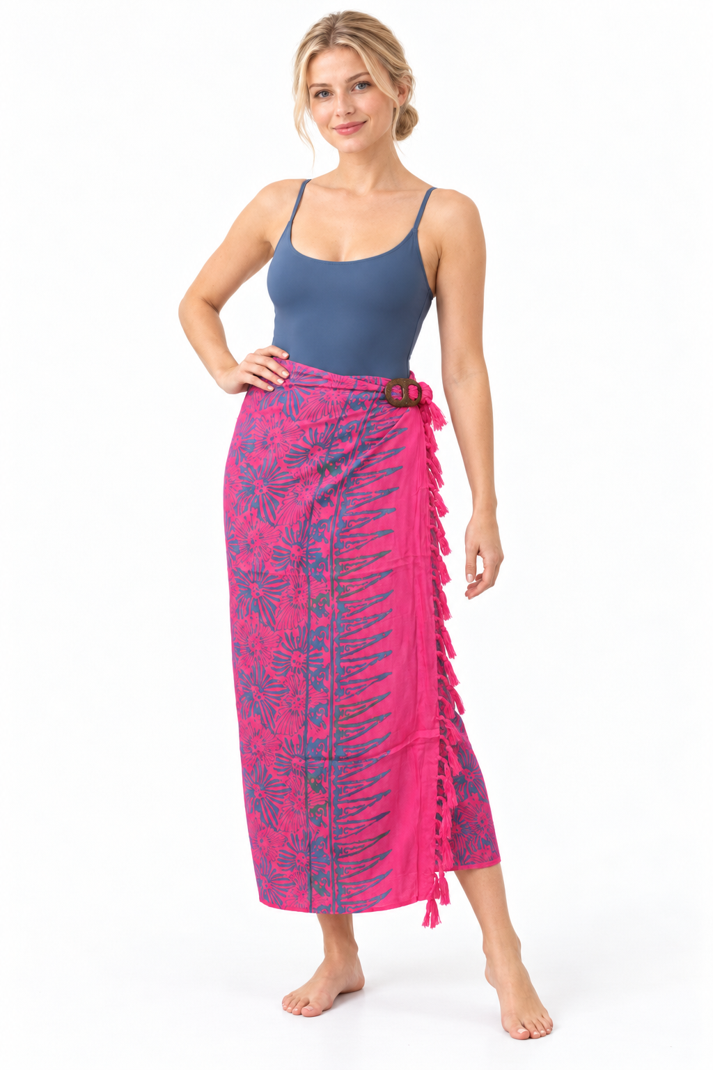 Fuchsia Navy Batik Sarong — long beach wrap with oval two-hole coconut buckle