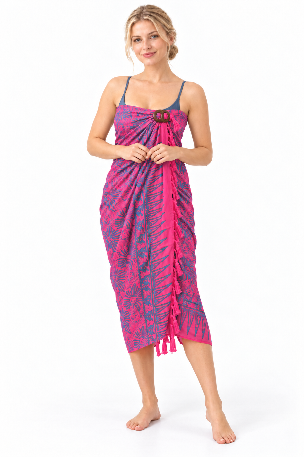 Fuchsia Navy Batik Sarong — dress wrap over swimsuit with coconut buckle