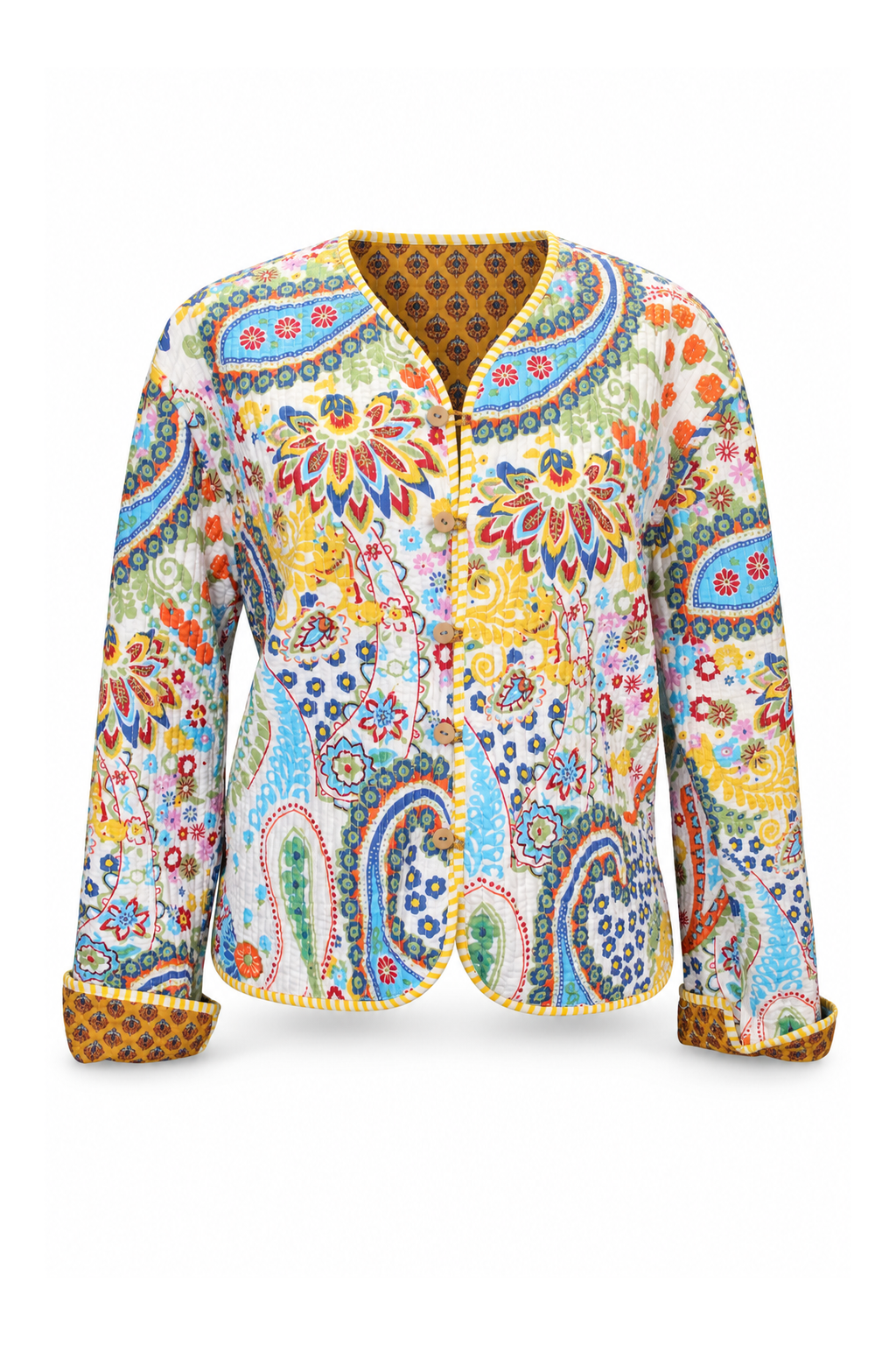 Reversible Cotton Jacket - Cream Paisley and Mustard Diamond Print - Side A — ghost mannequin