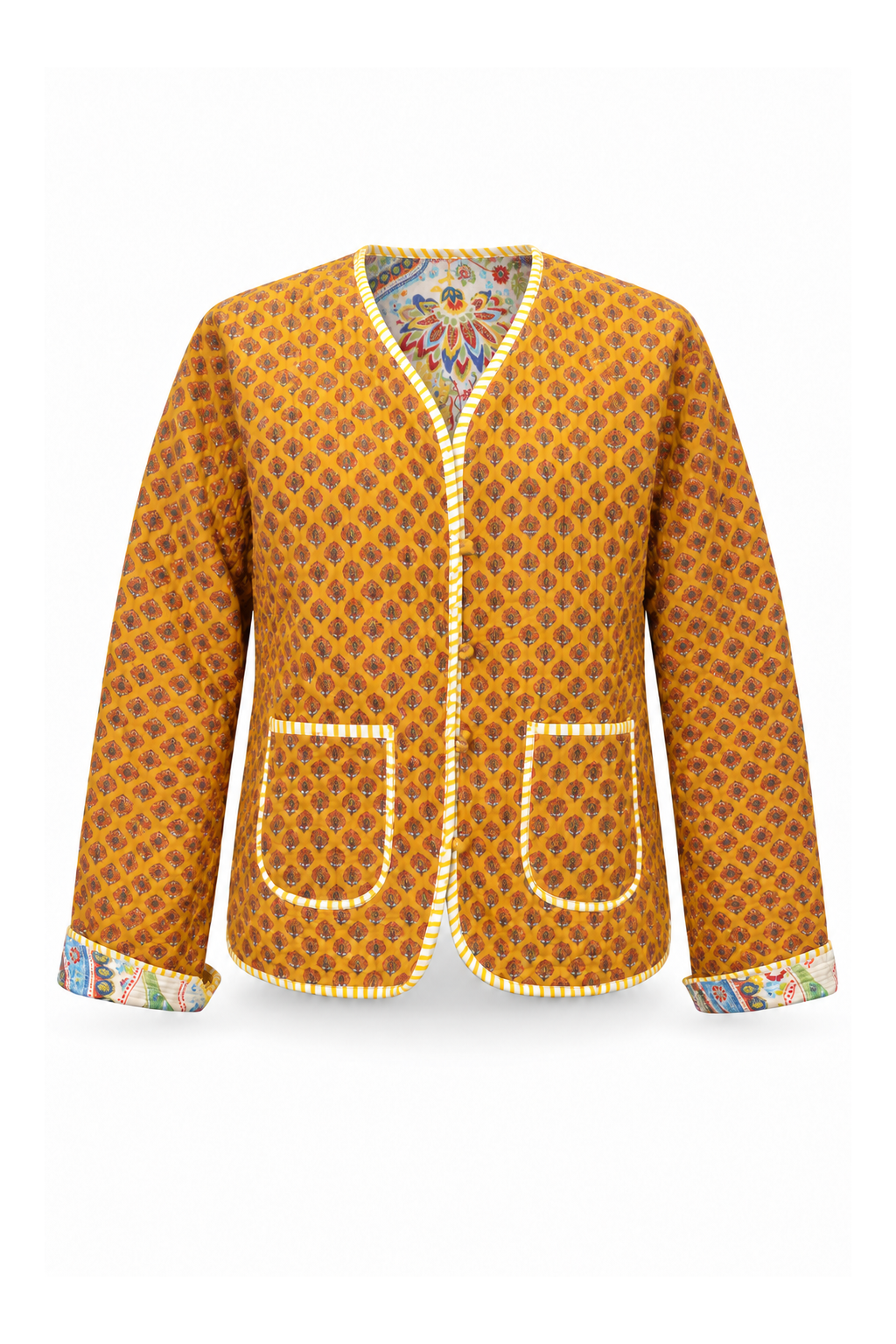 Reversible Cotton Jacket - Cream Paisley and Mustard Diamond Print - Side B — ghost mannequin