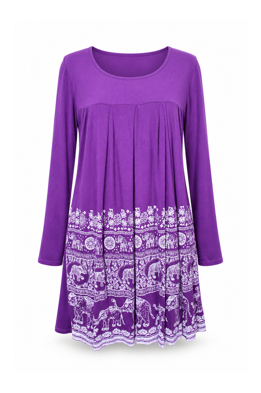 Long Sleeve Dress - Purple White Border Print — front ghost mannequin