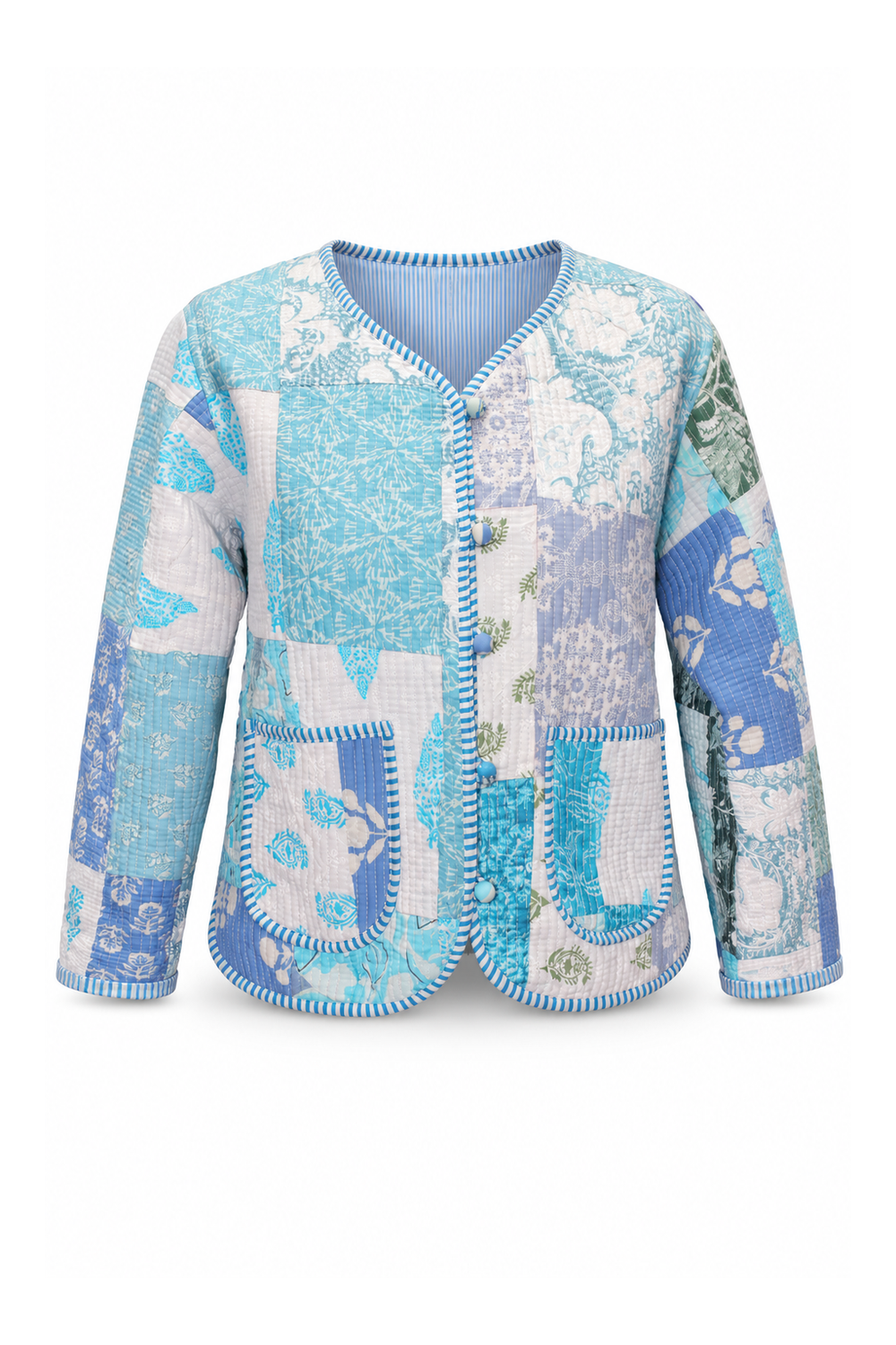 Reversible Cotton Jacket - Blue Patchwork Pattern and Light Blue Stripes - Side A — ghost mannequin