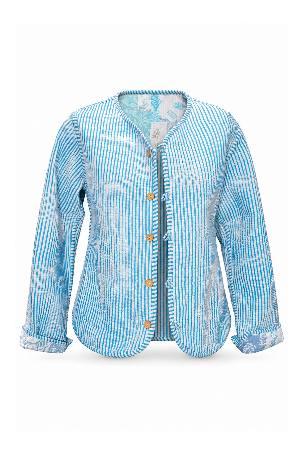Reversible Cotton Jacket - Blue Patchwork Pattern and Light Blue Stripes - Side B — ghost mannequin