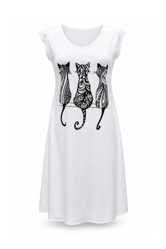 Short Sleeve Tunic Dress - White Three Cats Print — front ghost mannequin
