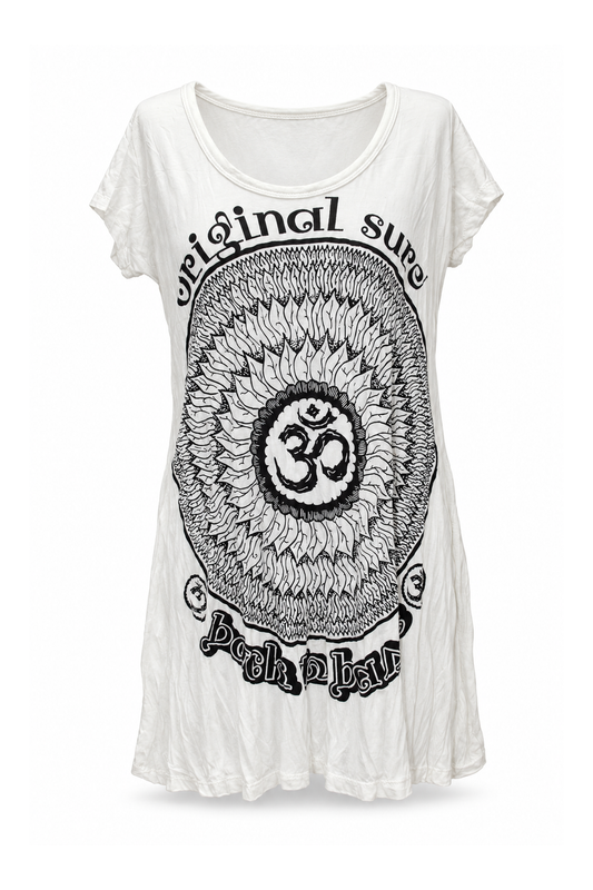 Short Sleeve Tunic Dress - White Om Mandala Print — front ghost mannequin