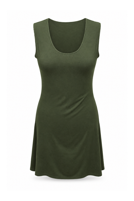 Sleeveless Tunic Dress - Dark Olive Ladder Back — front ghost mannequin