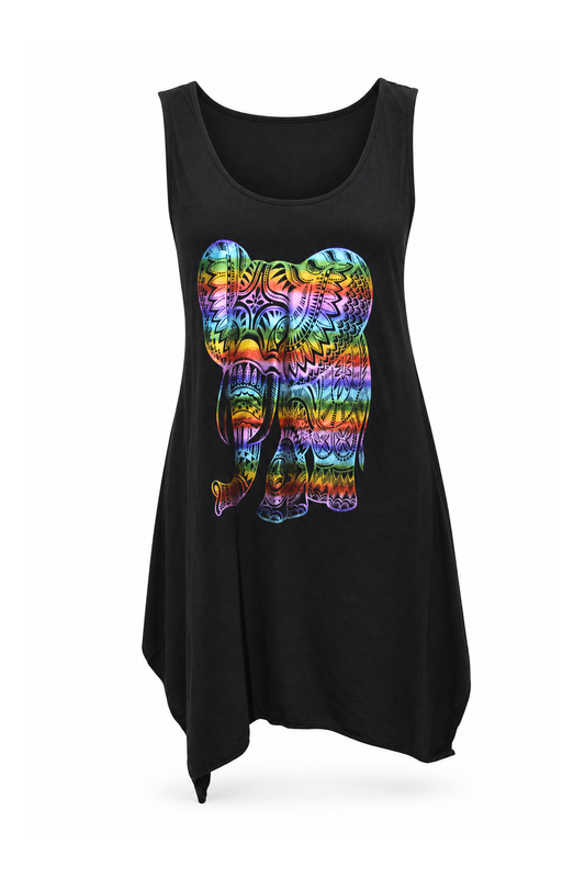 Sleeveless Tunic Dress - Black Multicolour Elephant Print — front ghost mannequin