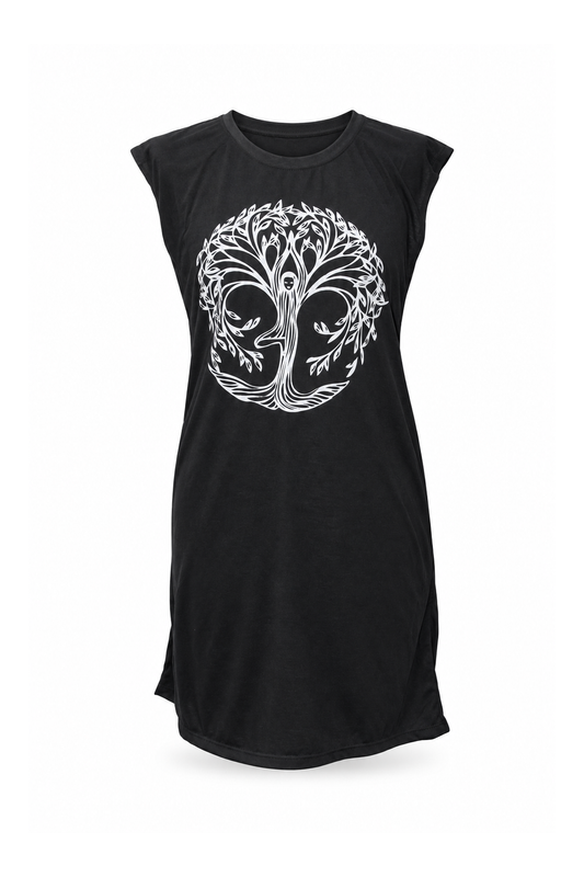Sleeveless Tunic Dress - Black White Tree of Life Print — front ghost mannequin