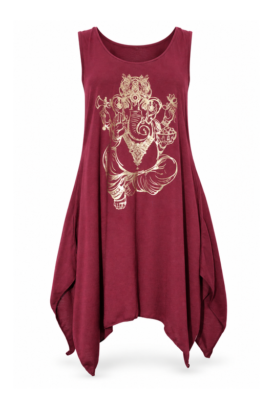 Sleeveless Tunic Dress - Burgundy Gold Ganesha Print — front ghost mannequin