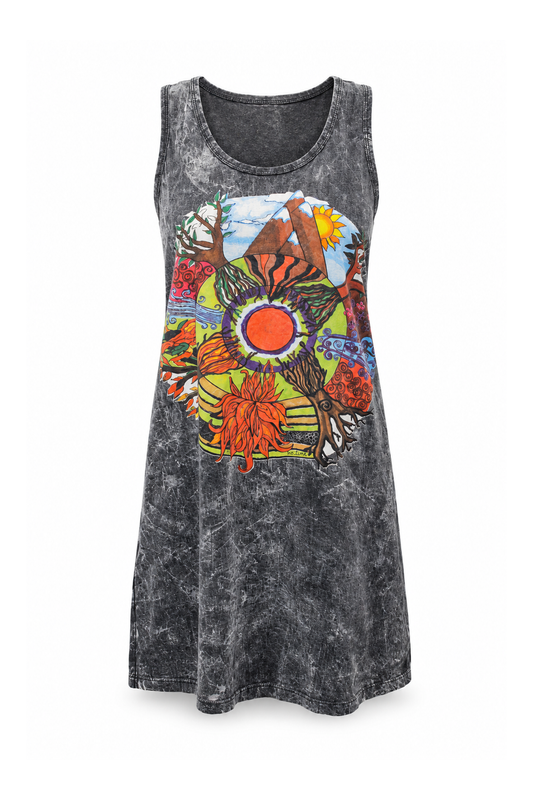 Sleeveless Tunic Dress – Charcoal Multicolour Mountain & Sun Print — front ghost mannequin