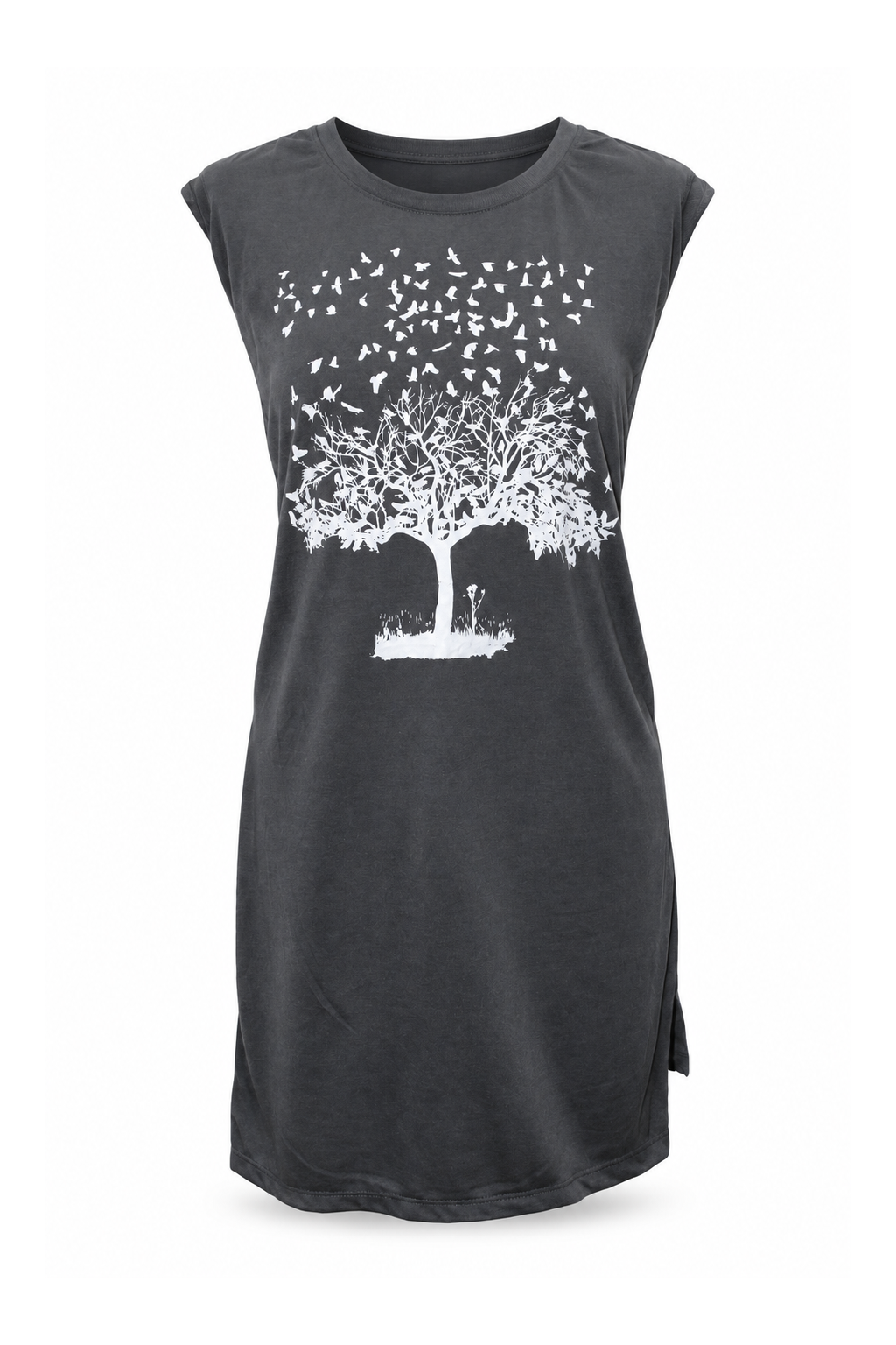 Sleeveless Tunic Dress - Charcoal Tree Print — front ghost mannequin