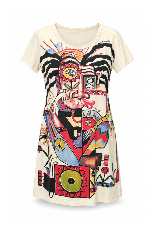 Sleeveless Tunic Dress - Cream Multicolour Abstract Print — front ghost mannequin