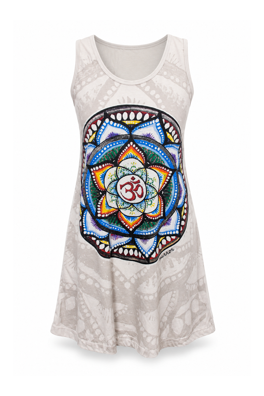 Sleeveless Tunic Dress - Cream Multicolour Mandala Print — front ghost mannequin