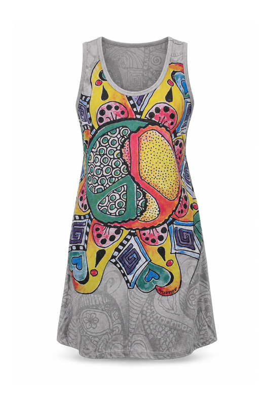 Sleeveless Tunic Dress - Grey Multicolour Elephant Print — front ghost mannequin