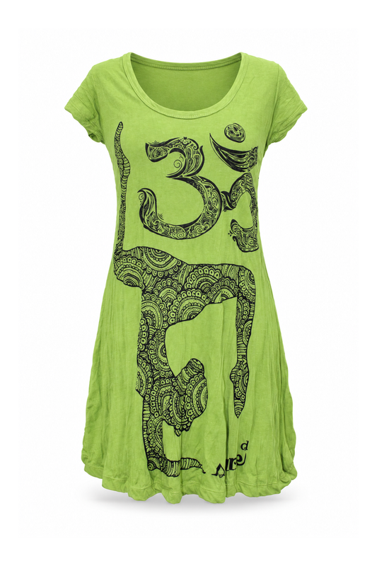 Short Sleeve Tunic Dress - Lime Green Om Elephant Print — front ghost mannequin