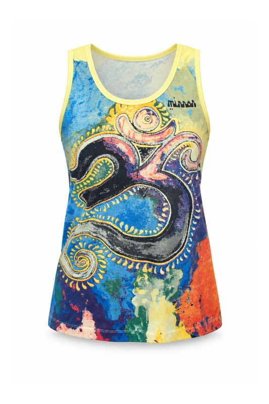 Sleeveless Short Top - Yellow Multicolour Om Print — front ghost mannequin