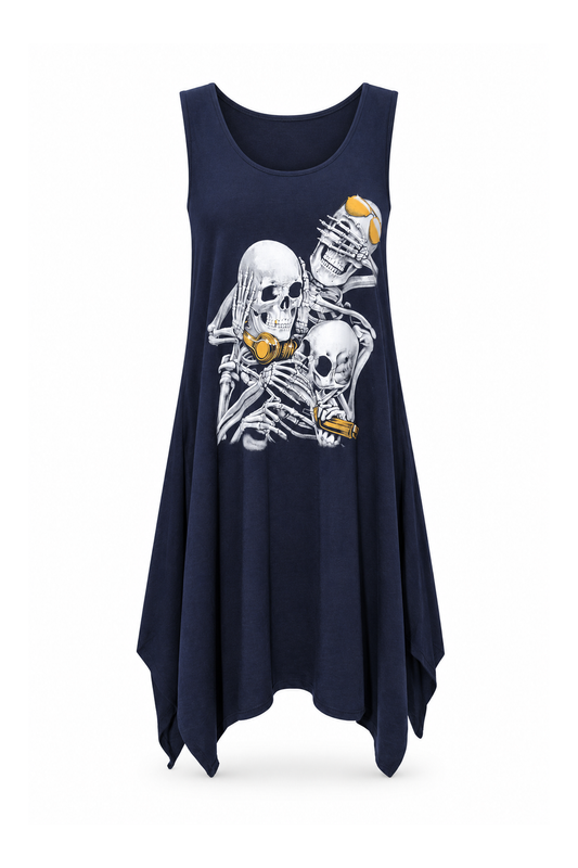 Sleeveless Handkerchief Dress - Navy Blue Skeleton Print — front ghost mannequin