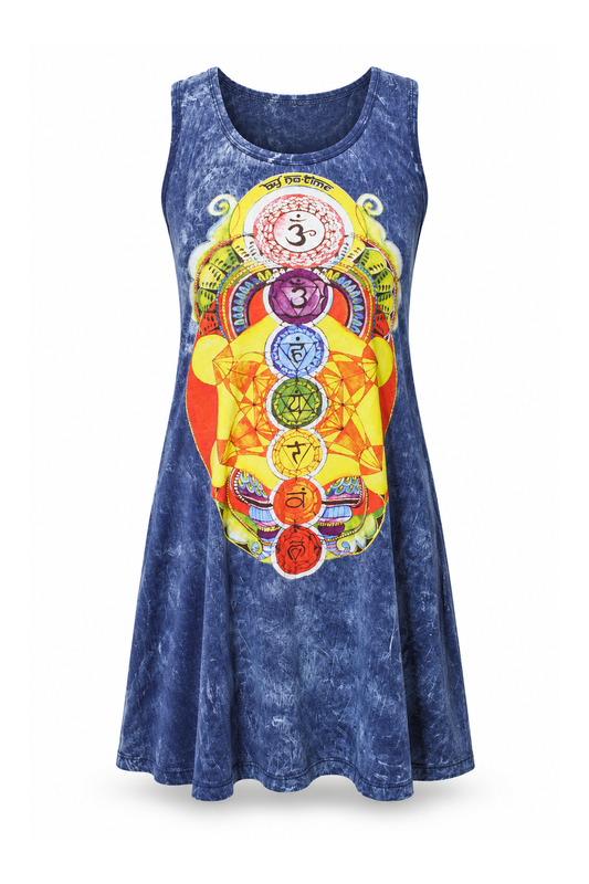 Sleeveless Tunic Dress - Navy Multicolour Chakra Print — front ghost mannequin