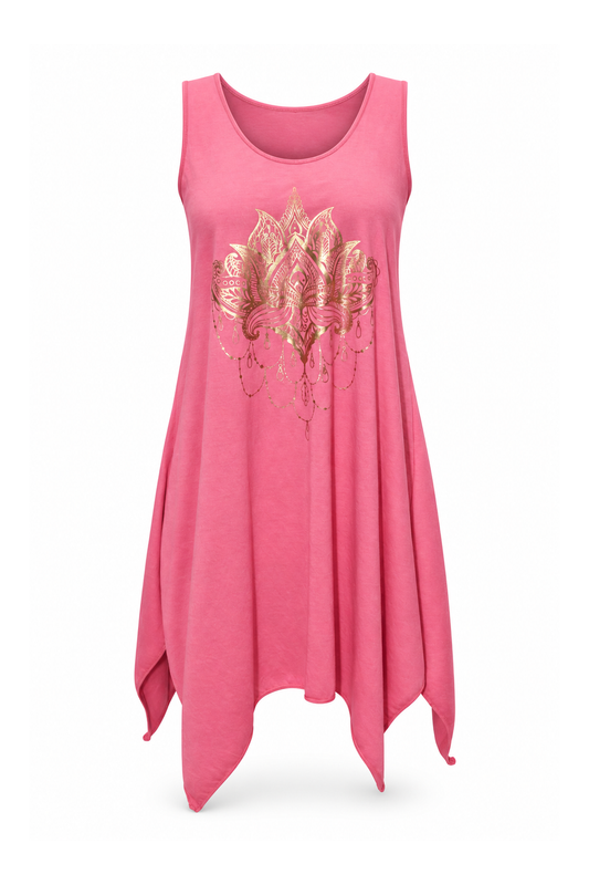 Sleeveless Tunic Dress - Pink Gold Buddha Print — front ghost mannequin
