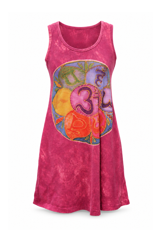 Sleeveless Tunic Dress - Pink Orange Om Print — front ghost mannequin