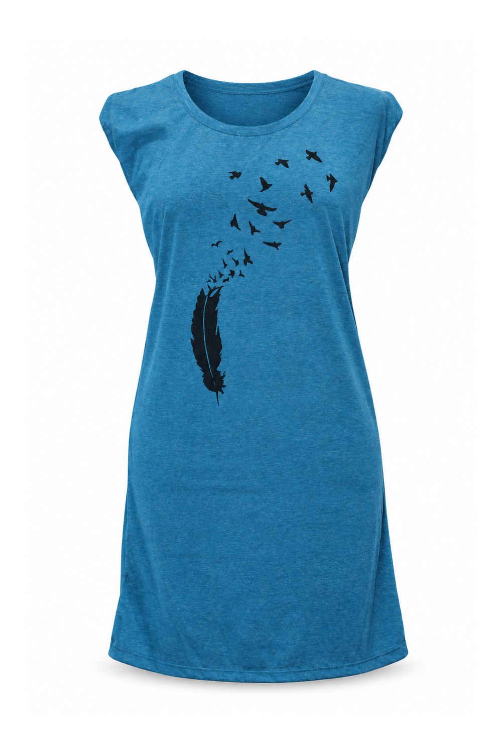 Sleeveless Tunic Dress - Teal Bird Print — front ghost mannequin